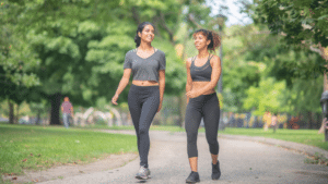 Young women walking in a park